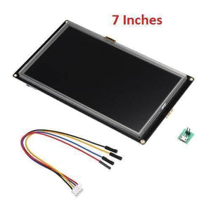 7 Inch Nextion TFT HMI LCD Touchscreen NX8048K070 - shown with a black rectangular display, a four-wire connector cable, and a small green micro-USB board.