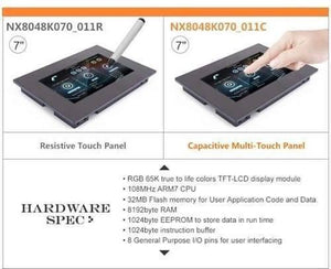 7 Inch Nextion TFT HMI LCD Touchscreen NX8048T070-011R - a comparison between a resistive touch panel with a stylus and a capacitive multi-touch panel with a finger.