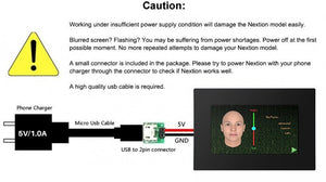7 Inch Tjc TFT HMI LCD Touchscreen-Digilog.pk - a diagram showing a phone charger connected via USB cable and adapter to the display showing a human face graphic.
