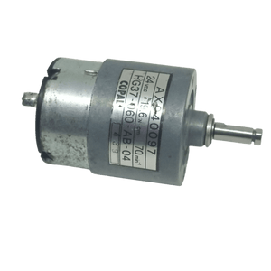 70 RPM DC 2V To 24V Center Shaft DC Gear Motor AX940097 - a grey cylindrical geared motor with a metal shaft and a label displaying technical specifications.