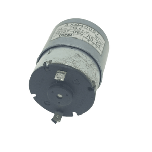 70 RPM DC 2V To 24V Center Shaft DC Gear Motor AX940097 - a silver cylindrical motor with a black plastic end cap featuring two metal electrical terminals and a center shaft.