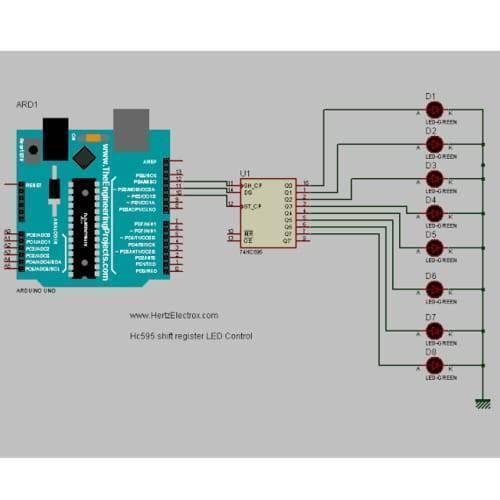 74HC595 8 Bit Serial To Parallel Shift Register IC - shown in a circuit diagram connecting an Arduino Uno to the IC and eight green LEDs.