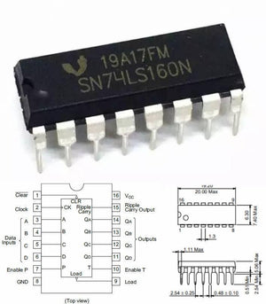 74LS160 Bcd Counter IC Decade Counter 4-bit Synchronous - a black 16-pin integrated circuit, its pinout diagram with labels, and a technical dimension drawing.