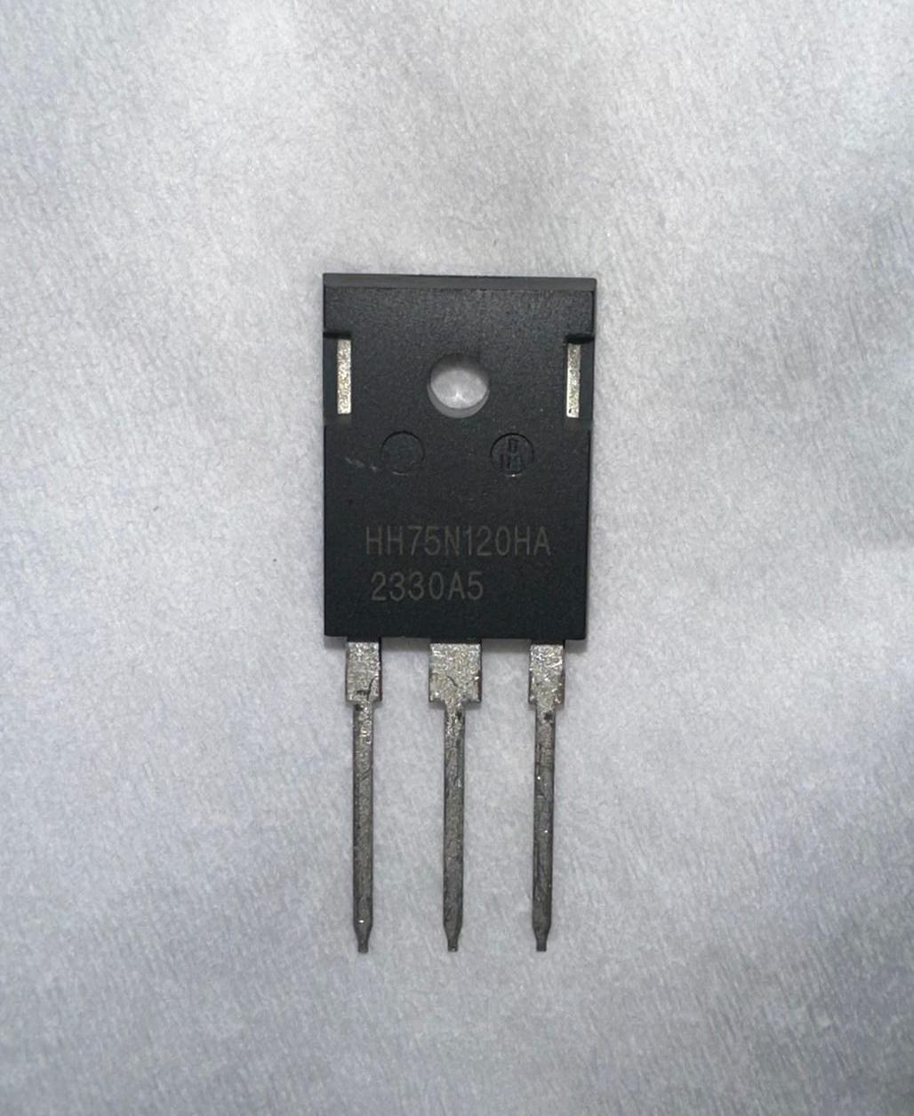 75amps 1200volts HH75N120HA IGBT Solar Inverter IGBT-digilog.pk - a black three-pin electronic component with the text HH75N120HA 2330A5 printed on its face, shown against a white background.