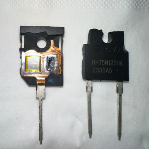 75amps 1200volts HH75N120HA IGBT Solar Inverter IGBT-digilog.pk - close-up view of two black electronic components, one intact with visible text and one with its casing removed to show internal parts.