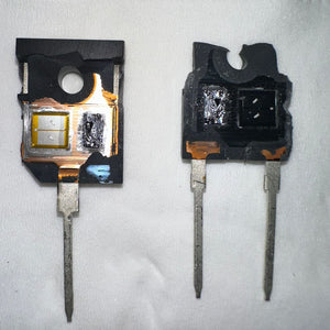 75amps 1200volts HH75N120HA IGBT Solar Inverter IGBT-digilog.pk - two disassembled black electronic components showing internal silicon dies and copper lead frames on a white background.