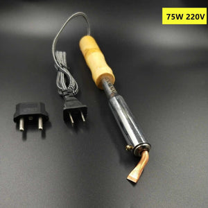 75W 220V Heavy Duty Electric Soldering Iron 75W High Power Soldering Iron Chisel Tip In Lahore Pakistan - with a wooden handle, a copper chisel tip, a power cord with a plug, and a separate two-pin adapter.