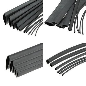 7mm Heat Shrink Sleeve 1 meter - shown in a collage of four images displaying various lengths and diameters of black, flexible, tubular heat shrink material.