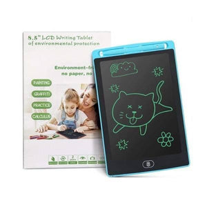 8.5 Inch Electronic Digital Graphics LCD Sketching Writing Tablet Doodle Drawing Board Pad Erasable E-writer Learning Notepad Slate For Kids Adults - a blue tablet with a cat drawing on its screen next to its product packaging featuring a child using the device.