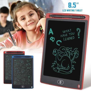 8.5 Inch Electronic Digital Graphics LCD Sketching Writing Tablet Doodle Drawing Board Pad Erasable E-writer Learning Notepad Slate For Kids Adults - three red and blue tablets with styluses, featuring screens with dinosaur drawings and text, and a girl writing.