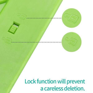 8.5 Inch Electronic Digital Graphics LCD Sketching Writing Tablet Doodle Drawing Board Pad Erasable E-writer Learning Notepad Slate For Kids Adults - close-up of the green plastic casing showing a sliding lock switch with locked and unlocked icons.