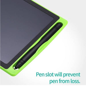 8.5 Inch Electronic Digital Graphics LCD Sketching Writing Tablet Doodle Drawing Board Pad Erasable E-writer Learning Notepad Slate For Kids Adults - close-up of the bright green frame with a black stylus pen inserted into the integrated pen slot.