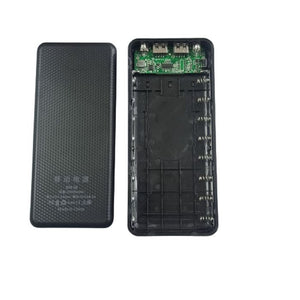 8 Cells Dual USB Power Bank Case With LCD Display - shown as an open black plastic enclosure with a circuit board, two USB ports, and battery slots.
