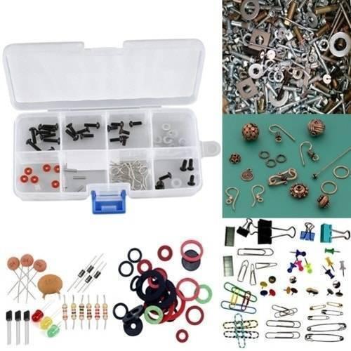 8 Grid Electronic Component Organizer Storage Box Tool Case F-141 - a clear plastic storage box with eight compartments containing small hardware and parts.