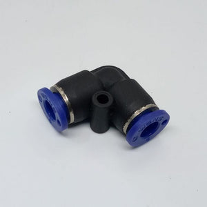 8 mm Hose Connector Plastic Joint For Low Pressure l Type Mist Cooling Nozzle - an L-shaped black pneumatic elbow fitting with two blue circular push-to-connect ports on a white background.