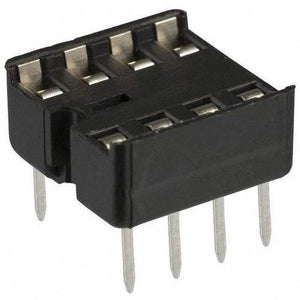 8 Pin DIP IC Socket Base Adaptor Connector - shown as a black plastic component with eight metal through-hole pins and a notched top edge.