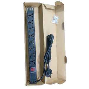 8 Ports Universal Multi-socket Pdu Power Distribution Unit For Industrial Use - shown in its cardboard packaging with a power cord, plug, and mounting screws.