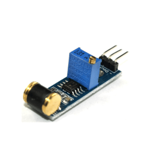 801S Vibration Sensor For Arduino Discontinued product - a blue circuit board featuring a cylindrical gold-tipped sensor, a blue adjustable potentiometer, and three metal connector pins.
