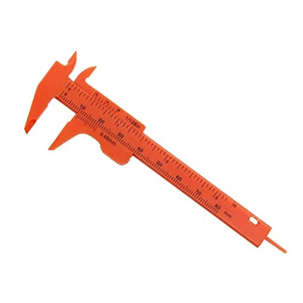 80mm Plastic Vernier Caliper | Dual Scale Mini Measuring Tool - an orange sliding measuring tool with dual metric and imperial scales printed on its body.