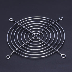 80mm x 80mm Fan Guard For 3 Inch By 3 Inch - a circular silver-colored metal wire grille with four mounting loops, centered on a plain black background.