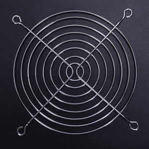 80mm x 80mm Fan Guard For 3 Inch By 3 Inch - a circular, silver-coloured metal wire grille with four mounting loops on a black background.