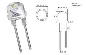 8mm LED Lamp White Color LED 0.5watt - shown as a physical component next to a technical line drawing with dimension labels in millimeters.
