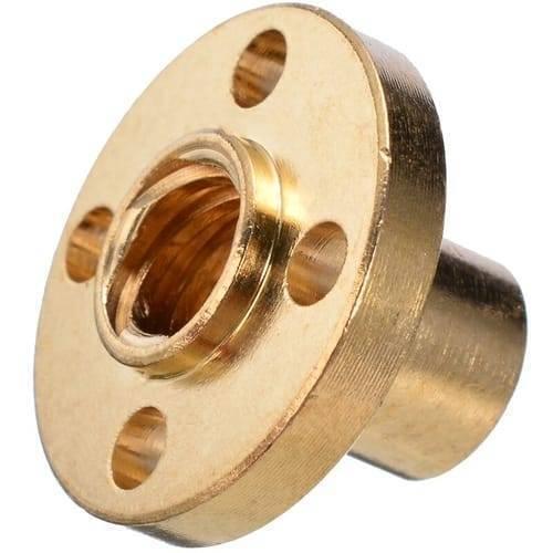 8mm T8X2 Trapezoidal Acme Shaft Lead Thread Rod Brass Screw Nut - a close-up showing the gold-colored cylindrical brass nut with a flanged mounting base.