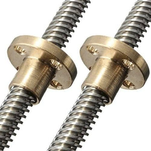 8mm T8X2 Trapezoidal Acme Shaft Lead Thread Rod Brass Screw Nut - two silver threaded metal rods each fitted with a circular brass nut.