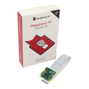 8MP Raspberry Pi Camera Module V2 - shown with its white and red retail packaging box and the green camera circuit board with a flat ribbon cable attached.