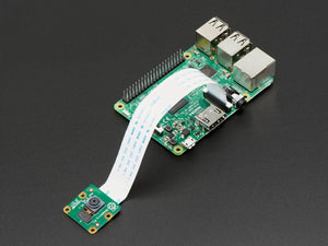 8MP Raspberry Pi Camera Module V2 - connected by a flat white ribbon cable to a green Raspberry Pi circuit board with USB, Ethernet, and HDMI ports.