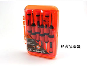91023 iPhone Mobile Clock Repair Tool Set of 6 Disassemble Tool Set - shown in a clear orange plastic storage case with six red and black precision screwdrivers inside.