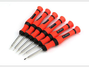 91023 iPhone Mobile Clock Repair Tool Set of 6 Disassemble Tool Set - six precision screwdrivers with orange handles and metal tips arranged in a row on a white background.