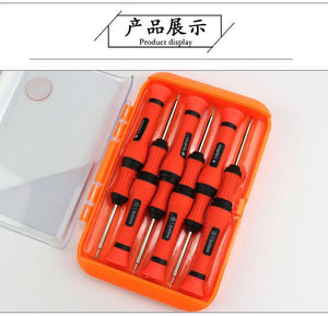 91023 iPhone Mobile Clock Repair Tool Set of 6 Disassemble Tool Set - orange precision screwdrivers with black grips, displayed inside an open orange plastic case.