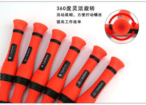 91023 iPhone Mobile Clock Repair Tool Set of 6 Disassemble Tool Set - six orange precision screwdrivers with black grips and a circular inset highlighting the rotating end cap.