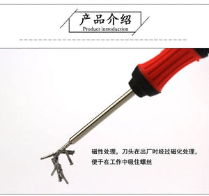 91023 iPhone Mobile Clock Repair Tool Set of 6 Disassemble Tool Set - close-up of a screwdriver with a red and black handle holding several metal screws on its magnetized tip.