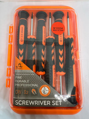 91024 6pcs Professional Mobile Repairing Tools Screwdrivers Set Kit Pack - an orange plastic case with six screwdrivers visible inside.