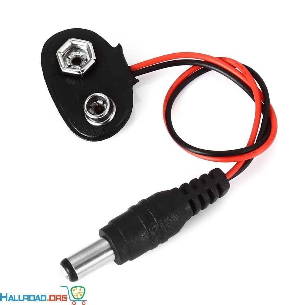 9V Battery Snap Connector To DC Male Power Adapter Cable For Arduino - a black 9V battery clip connected by red and black wires to a DC male plug.