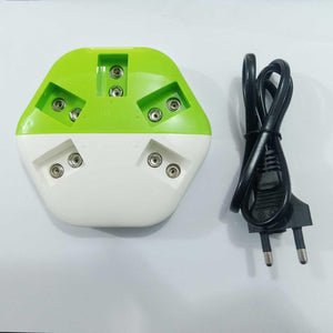 9V Universal Battery Charger - a green and white hexagonal charging unit with five battery slots and an attached black two-pin power cord.