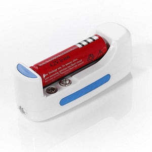 9V Universal Battery Charger - shown as a white plastic charging cradle with blue accents holding a single red cylindrical 18650 lithium-ion battery.