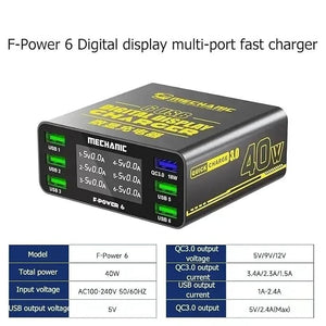 MECHANIC F-Power 6 — 6-Port USB Digital Display Charging Station with QC3.0 (40W)