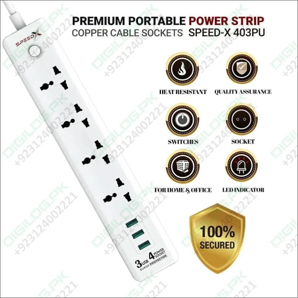 Speed X403pu Premium Portable Power Strip 4socket 3usb Port