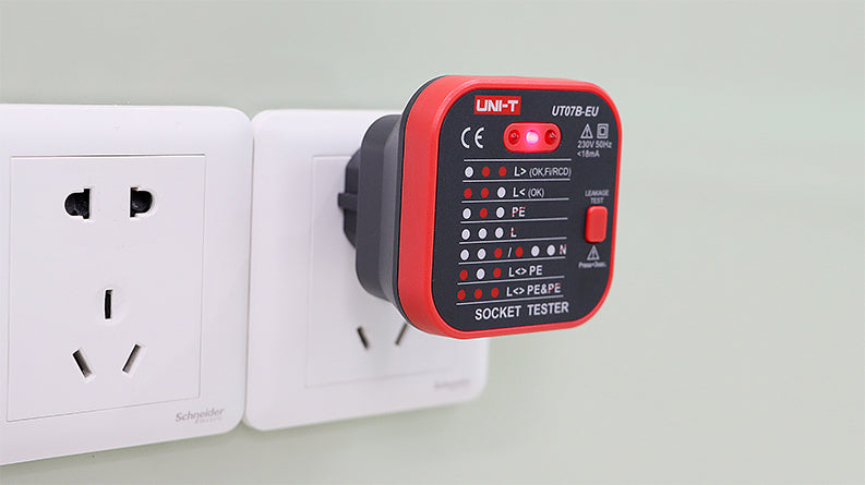 UNI-T UT07A socket tester checking a wall outlet