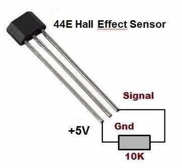 A3144E Hall Effect Sensor 44E - shown as a black three-pin electronic component with a diagram illustrating its connection to a 10K resistor.