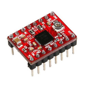 A4988 Stepper Motor Driver - a red rectangular circuit board with a central microchip, a small adjustable potentiometer, and two rows of header pins.