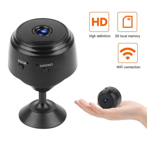 A9 Mini Wi-Fi Camera 1080P Full HD Wireless Ip Camera - a small black wireless camera with Mode and On/Off buttons, shown on a stand and held in a hand with HD, SD, and Wi-Fi icons.
