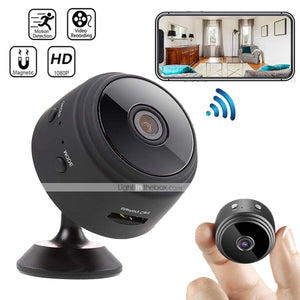 A9 Mini Wi-Fi Camera 1080P Full HD Wireless Ip Camera - shown in black with a magnetic stand, a side button, a memory card slot, and a smartphone display.