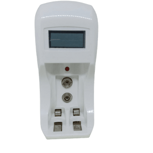 AA Ad AAA Cell And Battery Charger 1.2V And 9V - a white plastic charging unit with an LCD screen, two 9V battery terminals, and two charging bays.