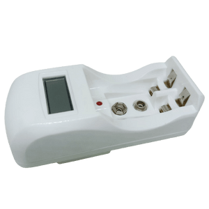 AA Ad AAA Cell And Battery Charger 1.2V And 9V - a white, molded plastic device featuring a small LCD screen, a red indicator light, and charging ports.