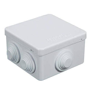 ABS Plastic Junction Box Universal Electrical Project Enclosure 100x100x65mm - a white, square plastic box with four circular cable entry ports.