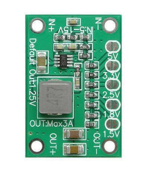 Adjustable Buck Convertor Module Ca 1235 DSO198-61E 1.25V 1.5V 1.8V 2.5V 3.3V 5V - a green rectangular circuit board with an inductor, input/output solder pads, and selectable voltage setting points.